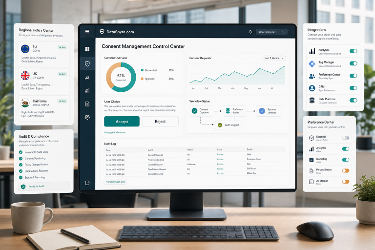 Editorial illustration of a privacy operations dashboard showing balanced accept and reject choices, regional rule cards, audit records, and subtle visible branding text DataShyre.com