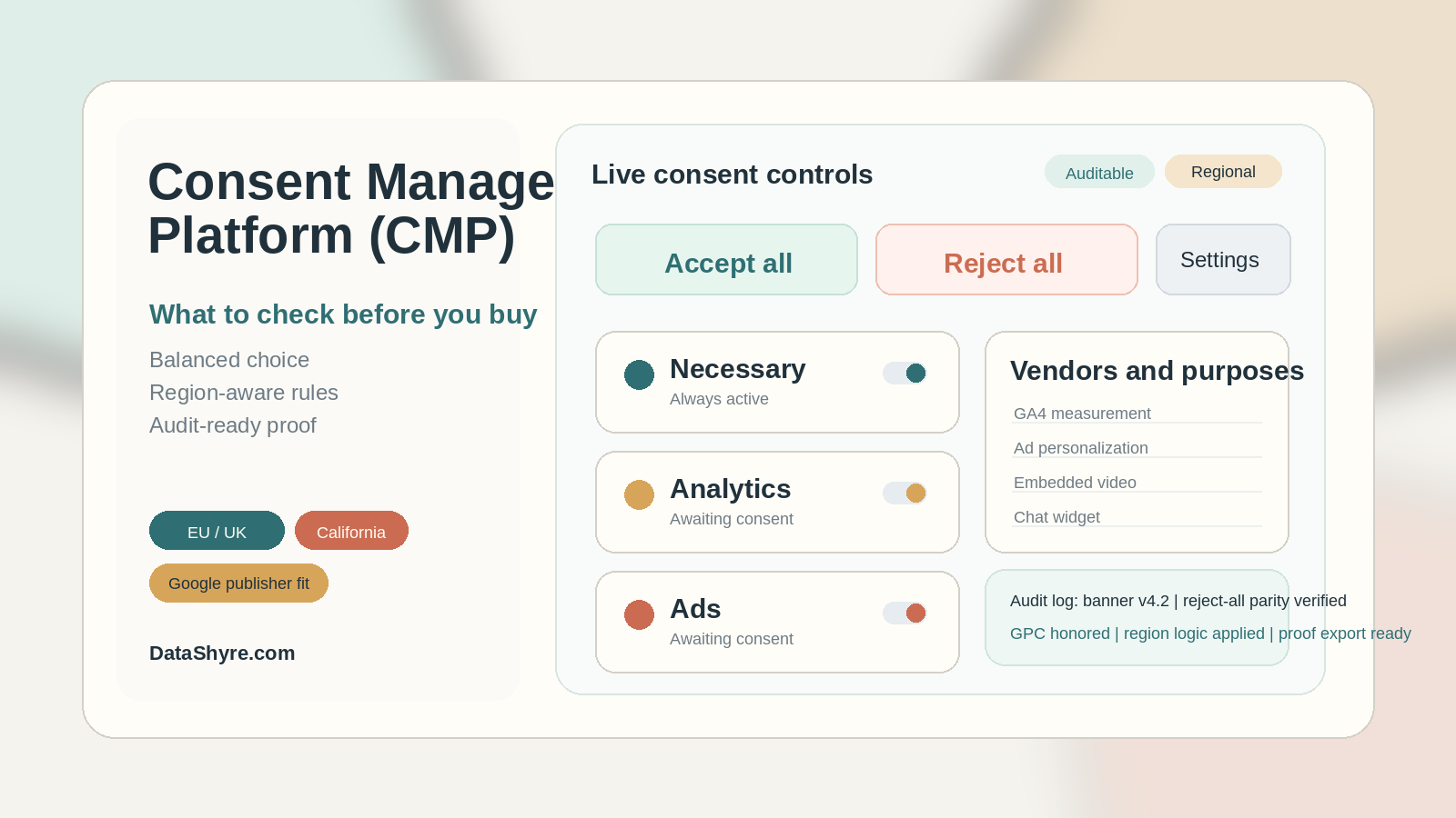 Editorial illustration of a consent management platform dashboard with balanced accept and reject controls, region-aware rules, vendor lists, audit logs, and subtle visible branding text DataShyre.com