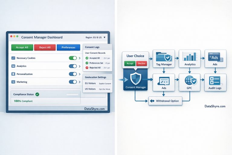 Editorial illustration of a privacy operations dashboard for a consent manager with balanced accept and reject controls, category toggles, region-aware settings, consent logs, and subtle visible branding text DataShyre.com