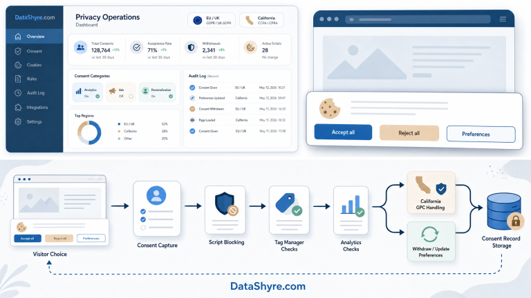 Editorial illustration of a website privacy dashboard and browser window showing a balanced cookie consent banner with equal Accept all, Reject all, and Preferences controls, regional compliance indicators, audit logs, and subtle visible branding text DataShyre.com