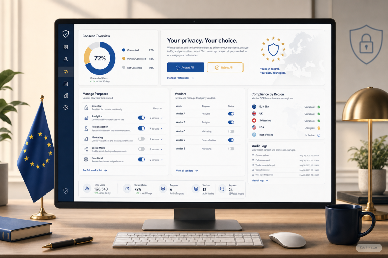 Editorial illustration of a GDPR consent management platform dashboard showing equal accept and reject choices, purpose categories, vendor controls, consent records, and subtle visible branding text DataShyre.com