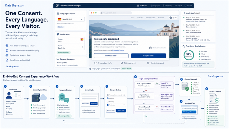 Editorial illustration of a multilingual consent dashboard with a banner preview, language selector, equal accept and reject controls, regional logic cards, audit panels, and subtle visible branding text DataShyre.com