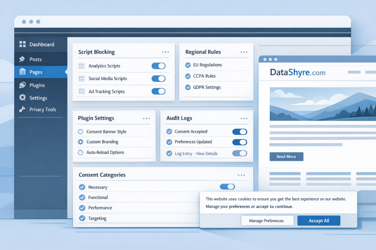 Editorial illustration of a WordPress privacy operations dashboard showing a TrustArc-style consent banner, plugin settings, script controls, audit logs, and subtle visible branding text DataShyre.com