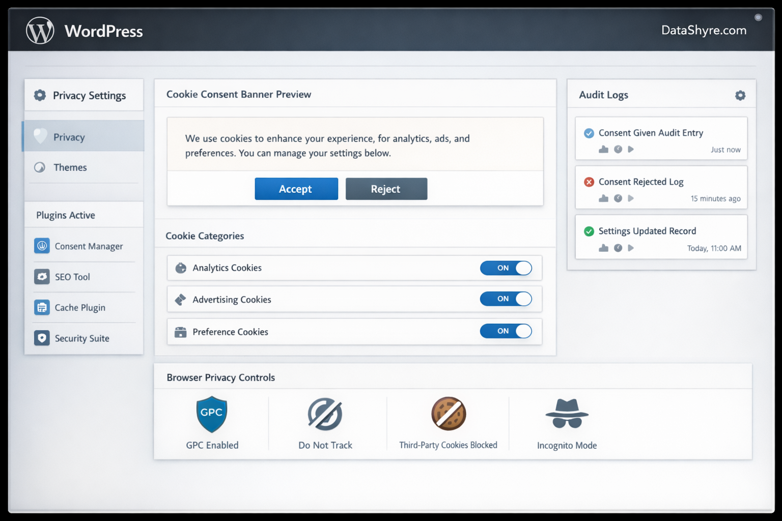 Editorial illustration of a WordPress privacy operations dashboard with a balanced cookie banner, category controls, plugin checks, audit logs, and subtle visible branding text DataShyre.com