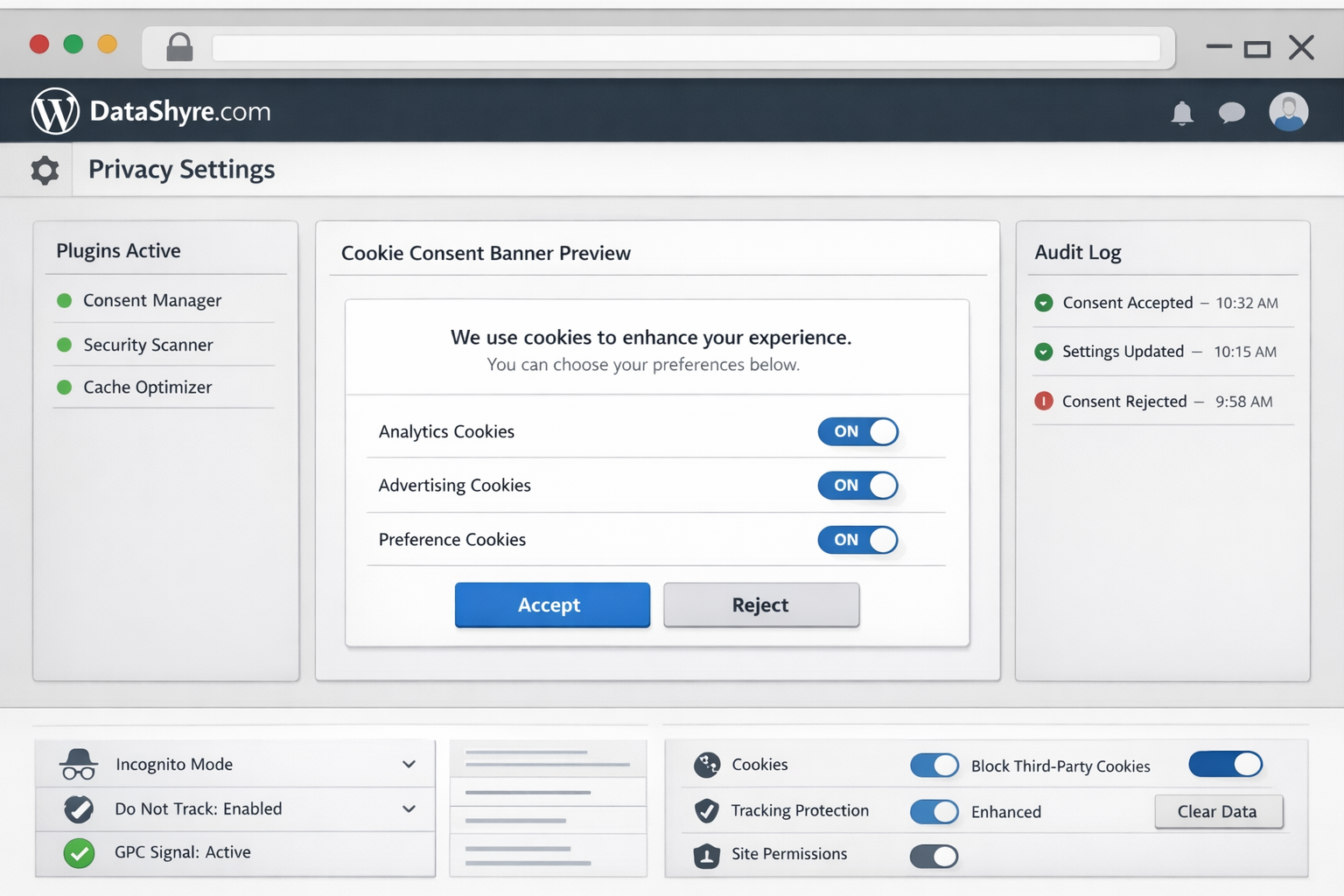 Workflow illustration showing visitor choice moving through a WordPress site, plugins, cache layers, Google consent states, GPC handling, and audit-ready records with subtle visible branding text DataShyre.com