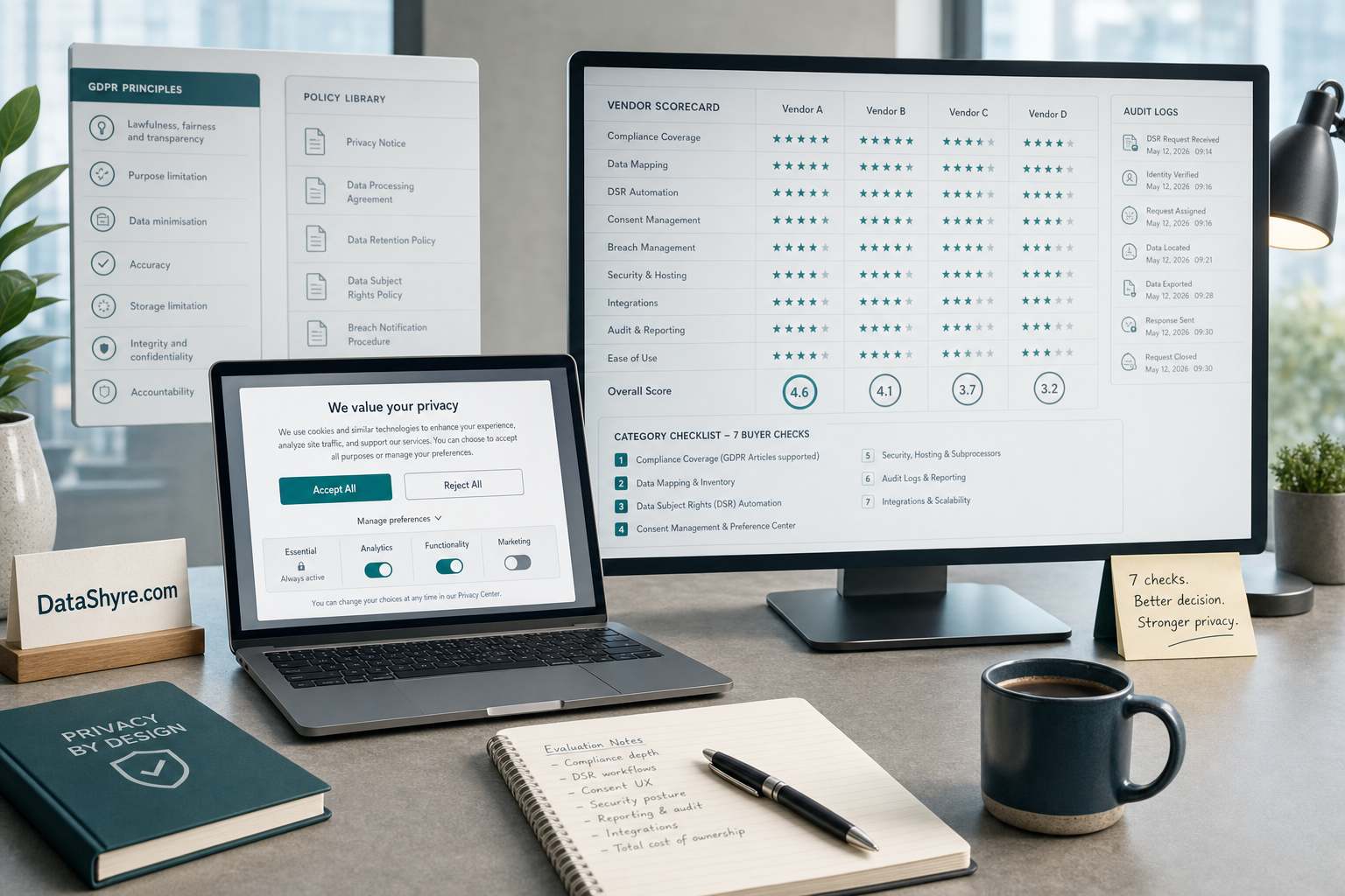 Editorial illustration of a privacy software evaluation workspace with a consent banner review, policy controls, audit records, vendor scorecards, and subtle visible branding text DataShyre.com