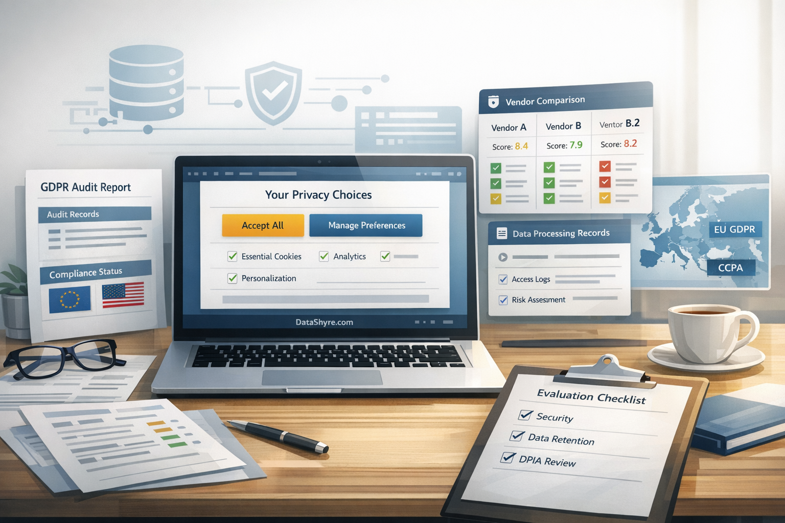 Workflow illustration showing three GDPR software buckets: website consent controls, policy and notice upkeep, and downstream preference enforcement, with subtle visible branding text DataShyre.com