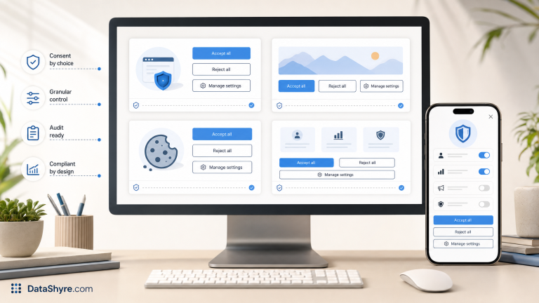 Editorial illustration showing four modern cookie consent banner layouts on desktop and mobile screens, equal-weight accept and reject actions, category toggles, audit notes, and subtle visible branding text DataShyre.com