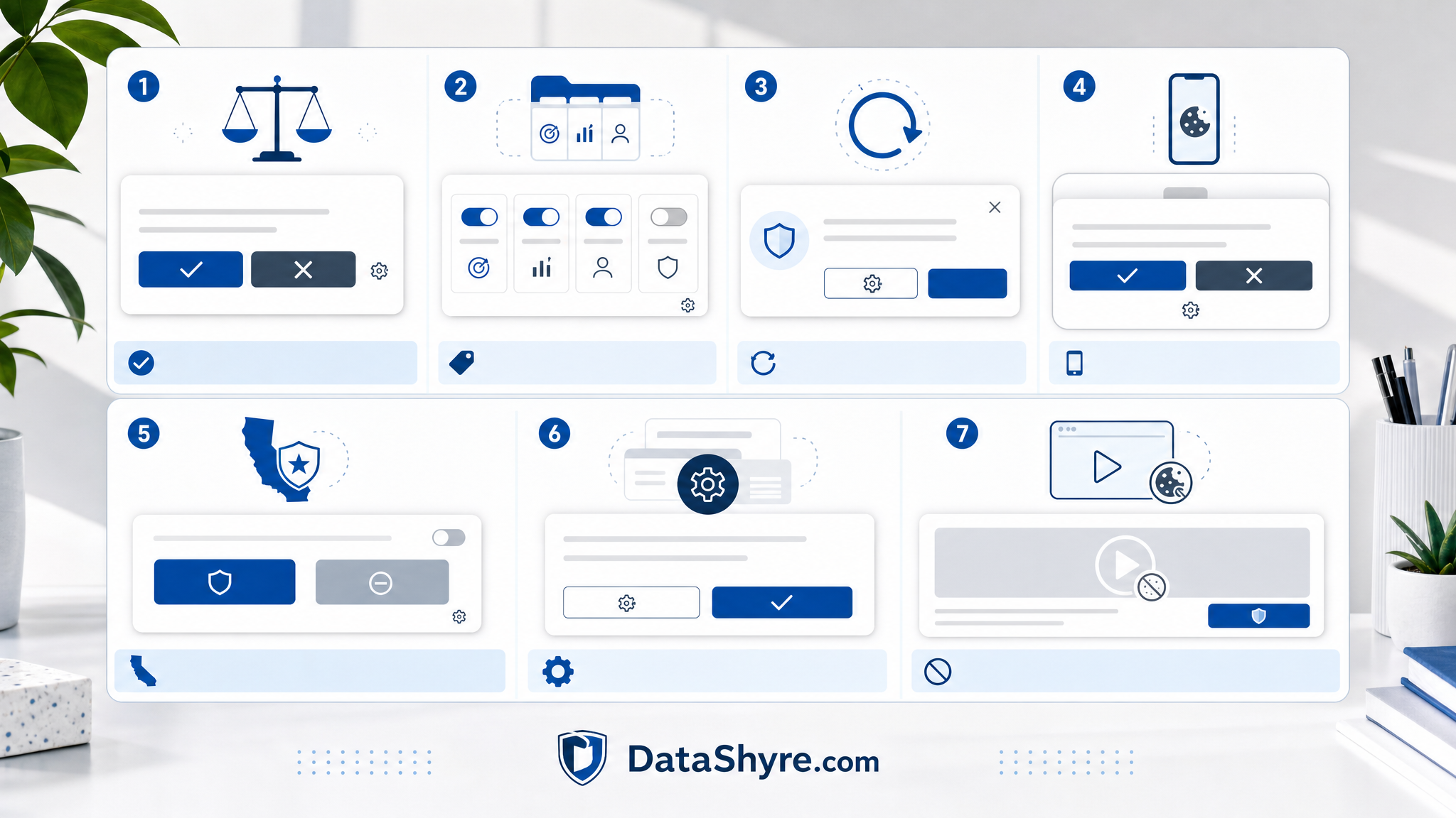 Workflow illustration comparing seven cookie consent banner patterns with callouts for equal choice, category clarity, GPC handling, return-to-settings access, embedded-media control, and subtle visible branding text DataShyre.com
