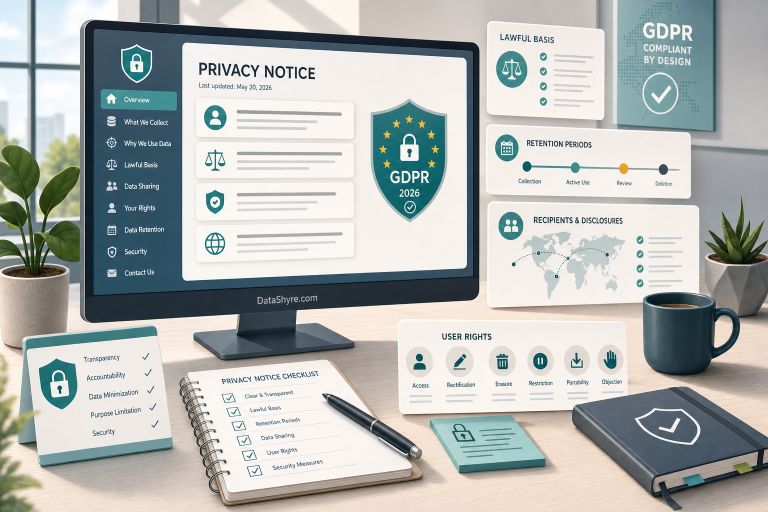 Editorial illustration of a GDPR privacy notice review workspace with layered notice cards, lawful-basis checks, retention notes, rights icons, and subtle visible branding text DataShyre.com