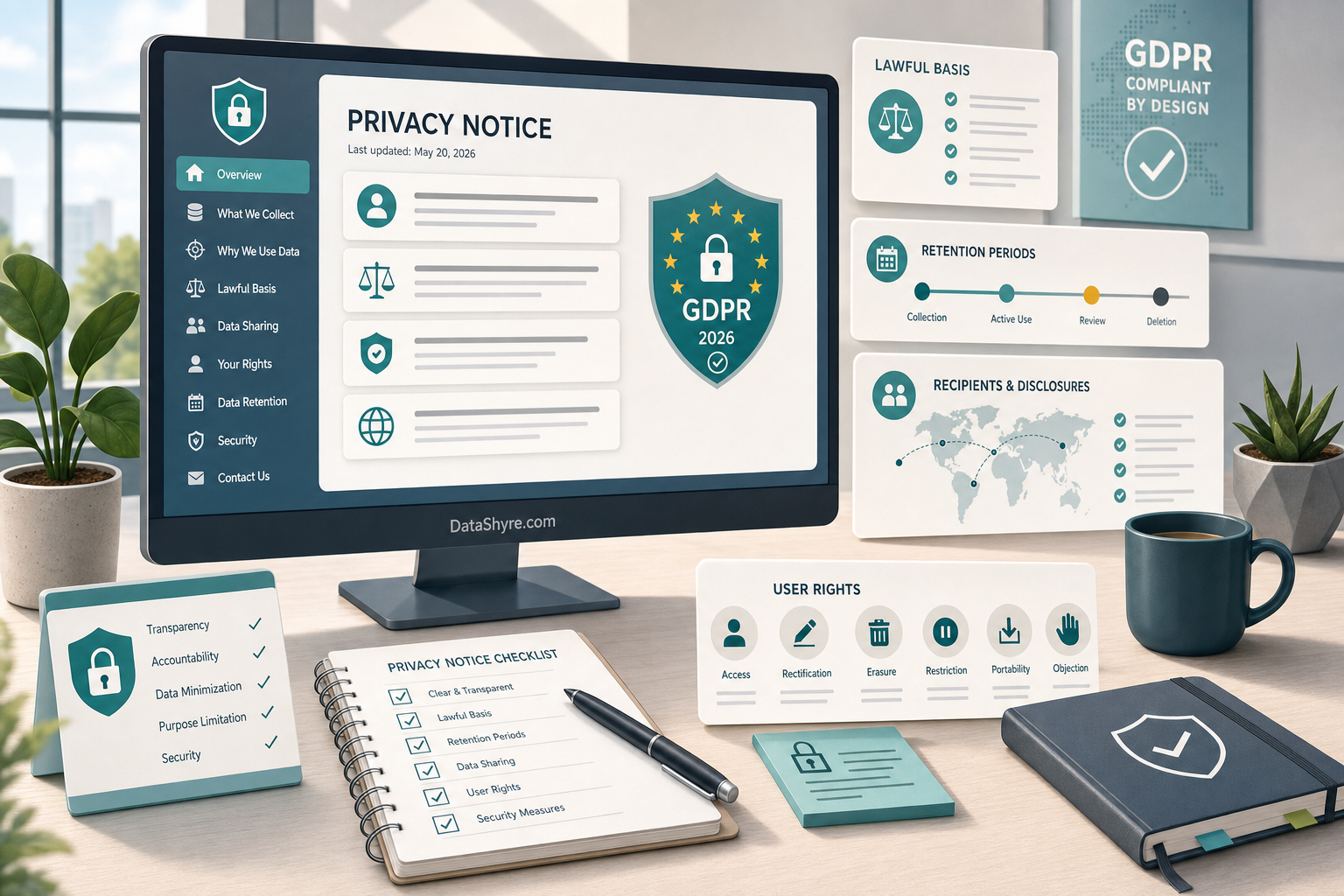 Editorial illustration of a GDPR privacy notice review workspace with layered notice cards, lawful-basis checks, retention notes, rights icons, and subtle visible branding text DataShyre.com