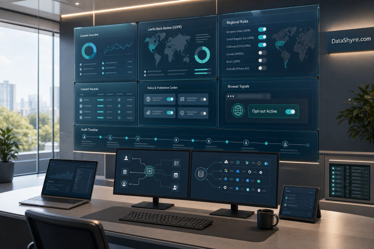 Editorial illustration of a privacy consent management control center with policy cards, regional rules, consent records, browser opt-out signals, and subtle visible branding text DataShyre.com