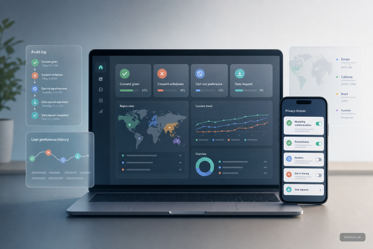 Editorial illustration of a privacy operations dashboard for user consent management across web and mobile, showing consent status, opt-out signals, audit logs, and subtle visible branding text DataShyre.com