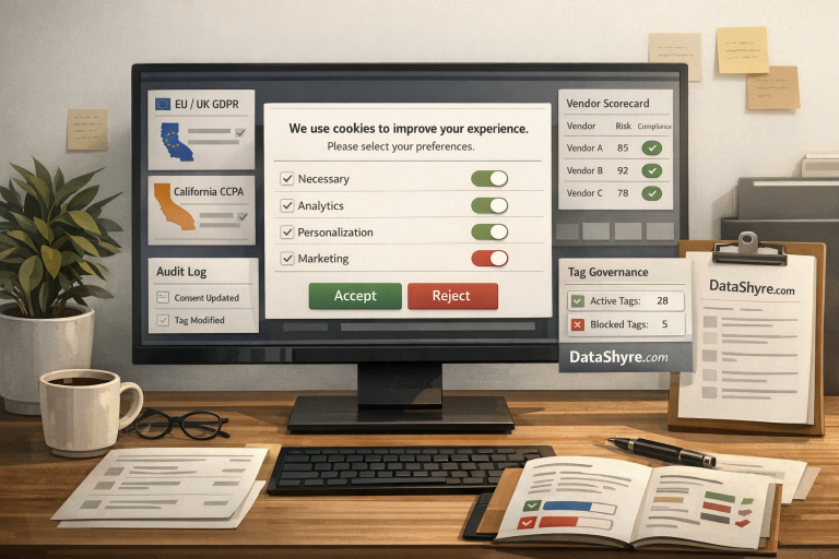 Editorial illustration of a privacy software buying workspace showing a fair cookie banner, regional rule panels, vendor scorecards, audit logs, and subtle visible branding text DataShyre.com