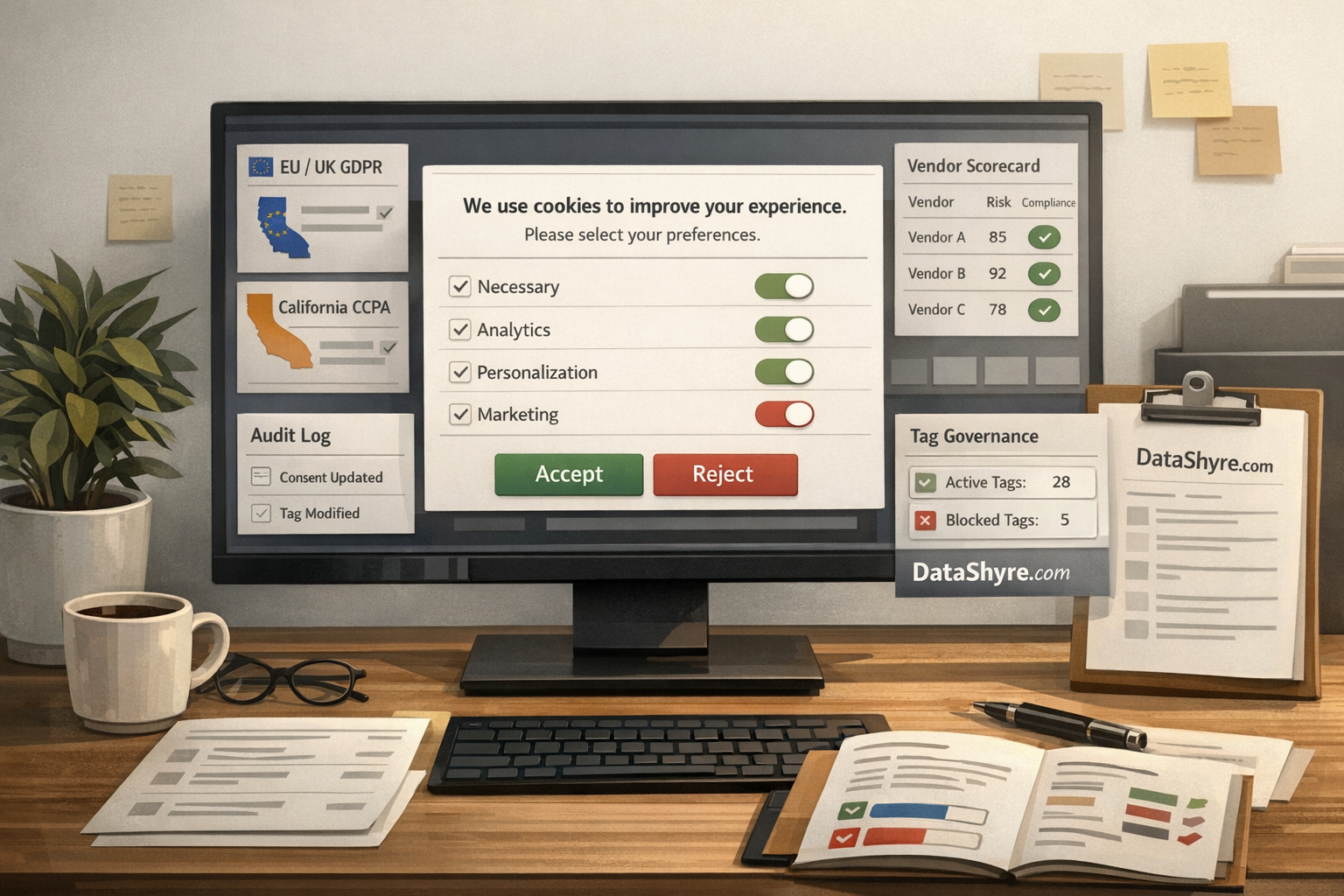 Editorial illustration of a privacy software buying workspace showing a fair cookie banner, regional rule panels, vendor scorecards, audit logs, and subtle visible branding text DataShyre.com