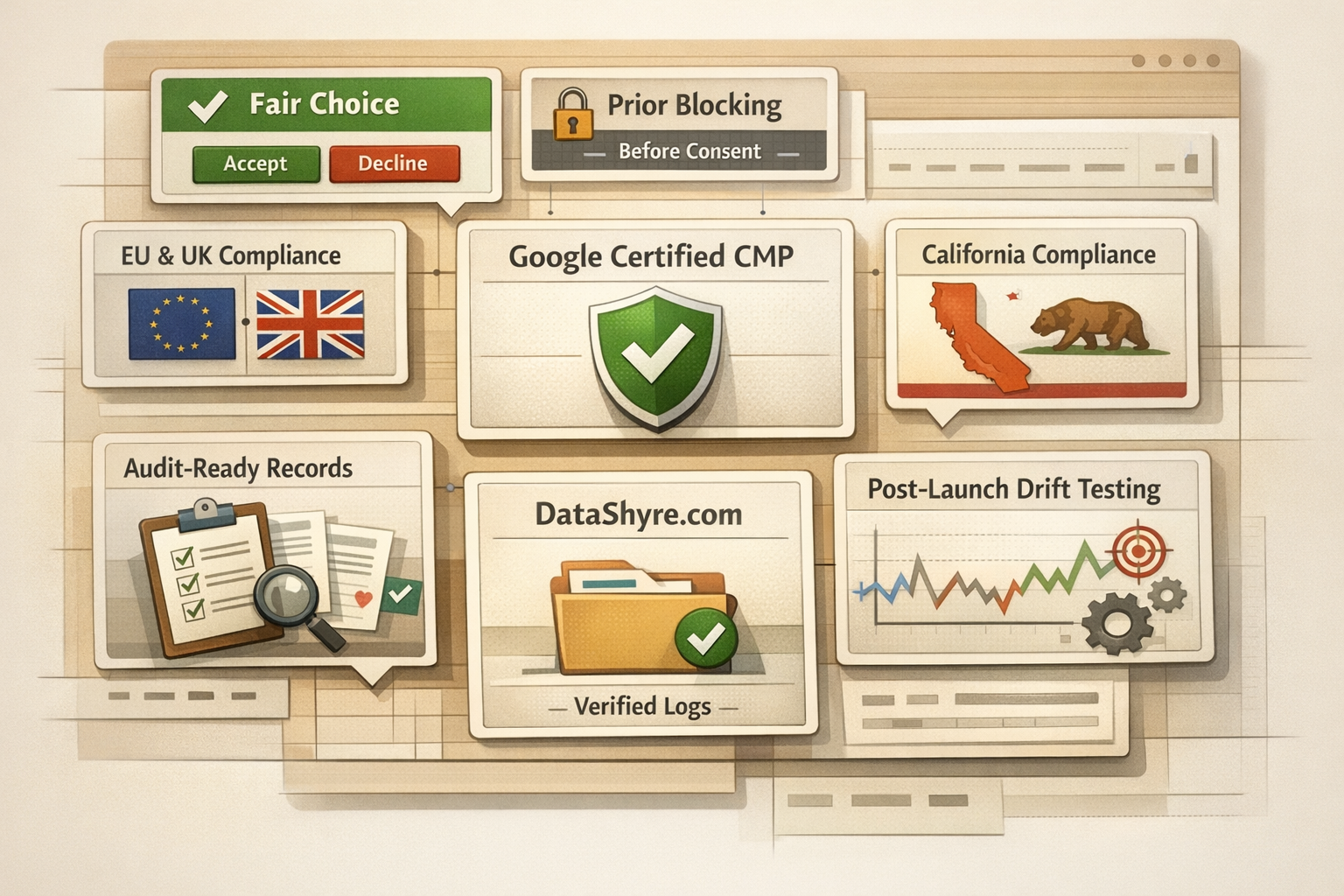 Workflow illustration showing CMP buyer checks moving from fair first-layer choice to prior blocking, regional logic, Google publisher fit, audit records, and subtle visible branding text DataShyre.com