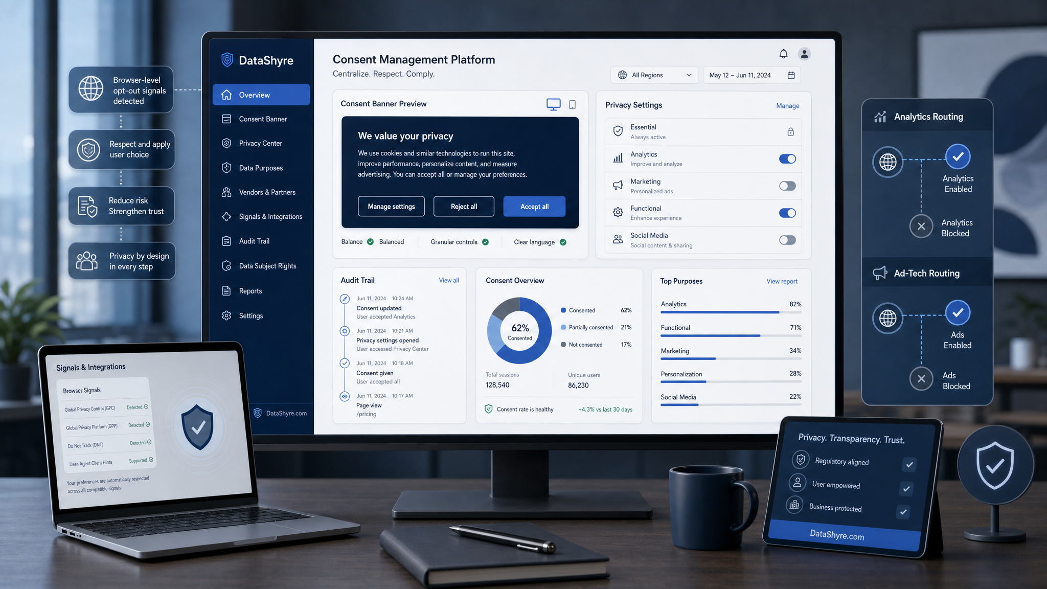 Editorial illustration of a privacy operations workspace showing a consent platform dashboard, policy controls, audit trails, browser opt-out signals, and subtle visible branding text DataShyre.com