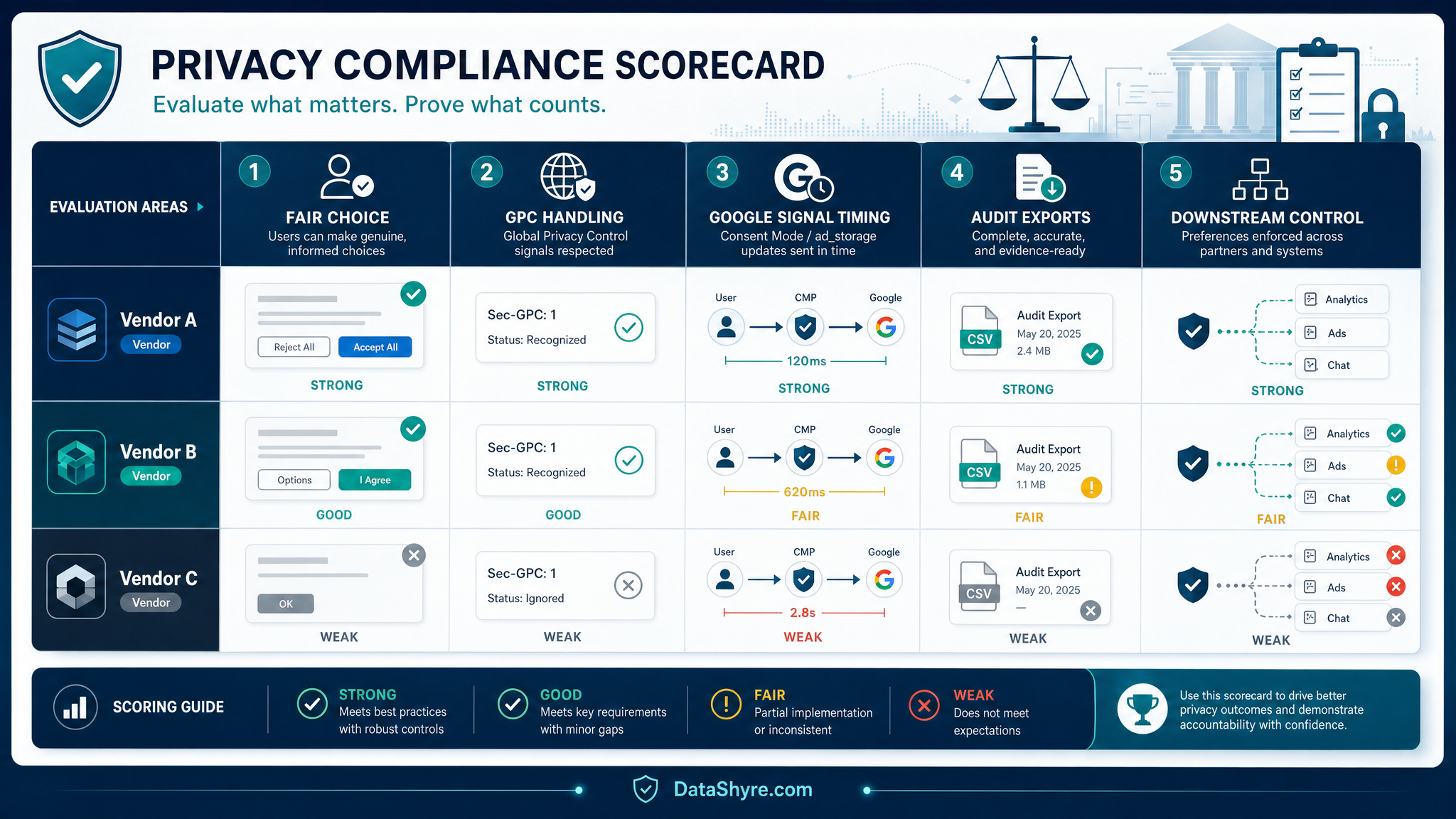 Scorecard illustration comparing fair-choice design, GPC handling, Google signal timing, audit exports, and downstream control with subtle visible branding text DataShyre.com