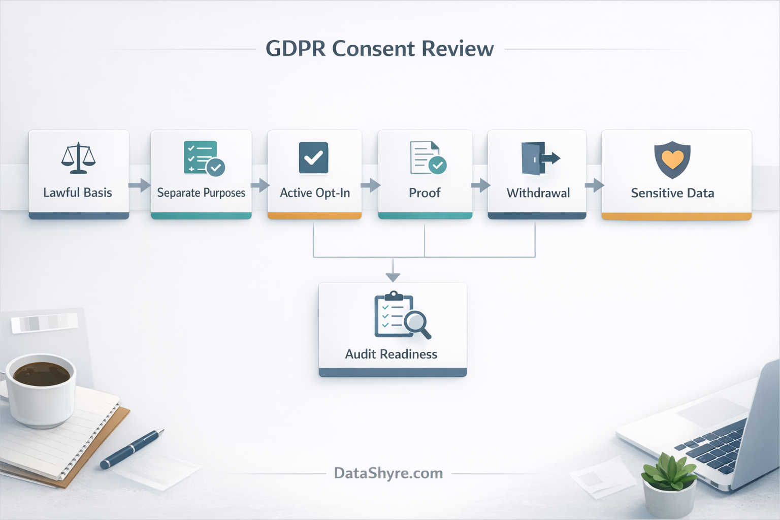 Workflow illustration showing a GDPR consent form review sequence from lawful-basis check to separate purposes, active opt-in, proof capture, withdrawal path, and special-category safeguards with subtle visible branding text DataShyre.com