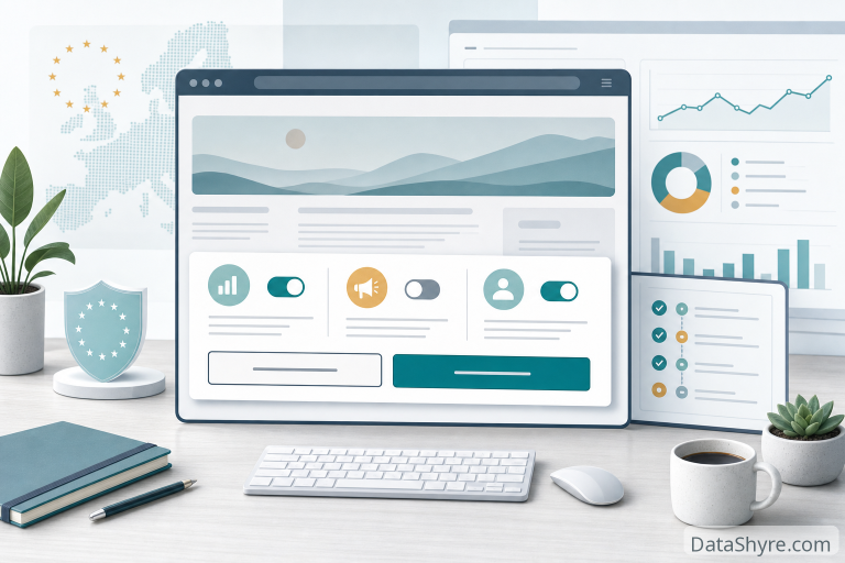 Editorial-style privacy compliance illustration showing a balanced website consent banner, equal accept and reject choices, category toggles, and an audit-ready dashboard in a modern browser workspace