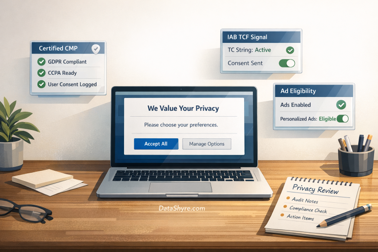 Editorial illustration of a publisher privacy workspace showing a Google-style consent message, certified CMP checklist, TCF signal flow, and subtle visible branding text DataShyre.com