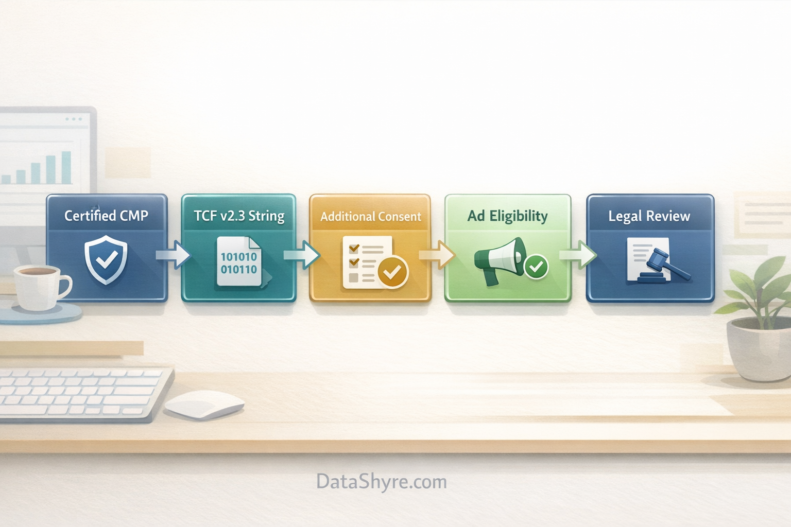 Workflow illustration showing certified CMP selection, TCF v2.3 string creation, Additional Consent support, personalized-ad eligibility checks, and subtle visible branding text DataShyre.com