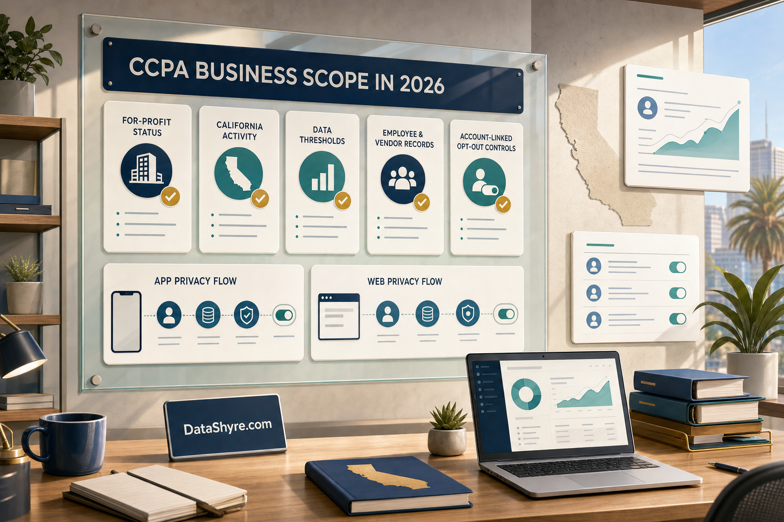 Editorial illustration of a California privacy scope review board with business-threshold cards, workforce and vendor records, app and web data flows, and subtle visible branding text DataShyre.com