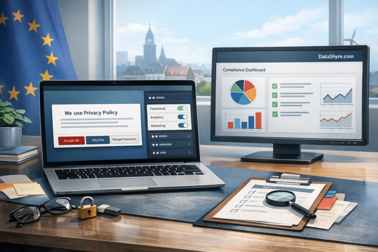 Editorial illustration of a privacy operations desk with a balanced consent banner, granular category controls, audit panels, and subtle visible branding text DataShyre.com