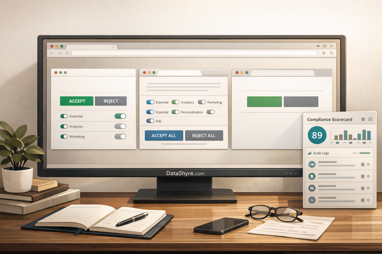 Editorial illustration showing a modern privacy-tech workspace comparing several CMP banner patterns, a compliance scorecard, category toggles, and subtle visible branding text DataShyre.com