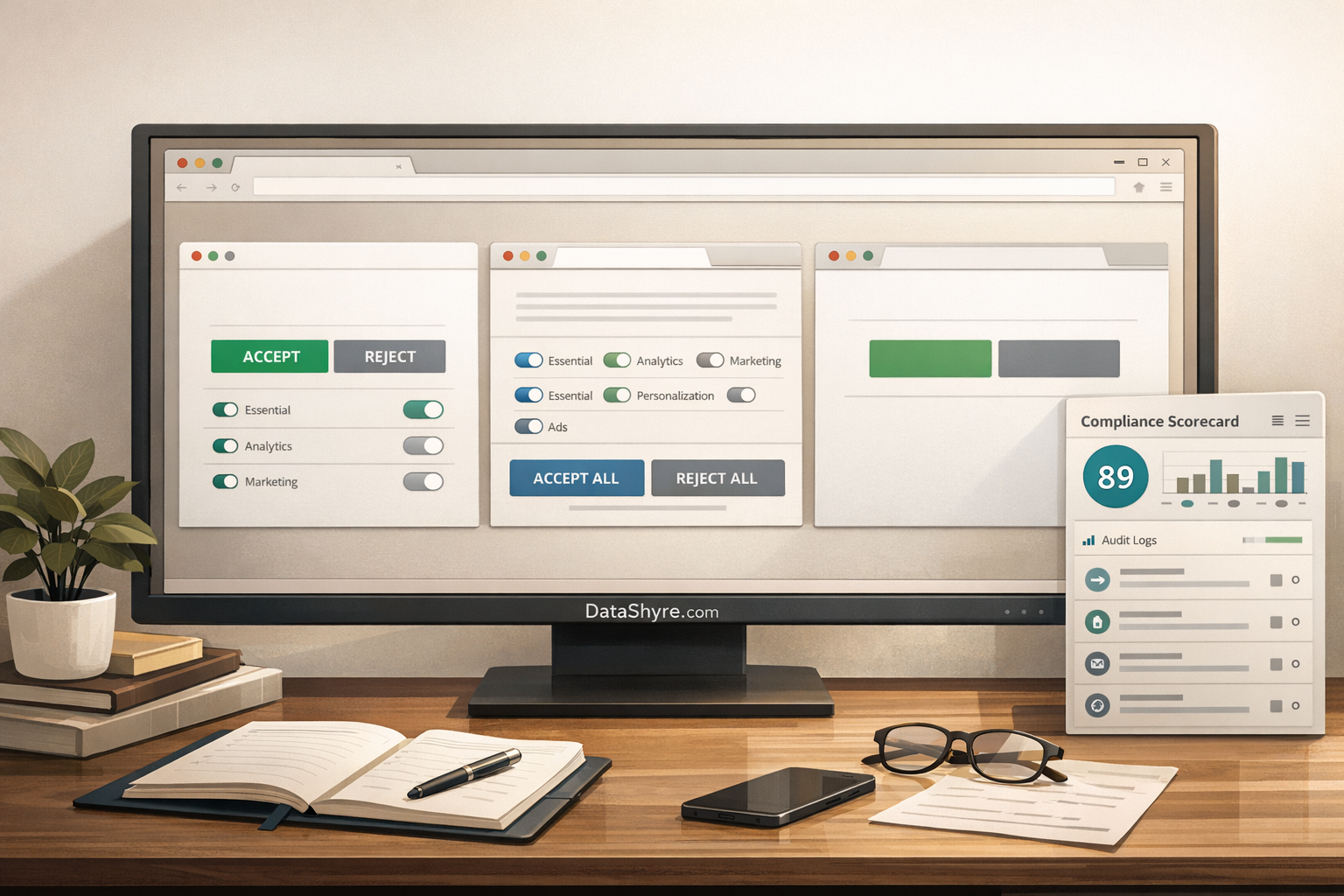Editorial illustration showing a modern privacy-tech workspace comparing several CMP banner patterns, a compliance scorecard, category toggles, and subtle visible branding text DataShyre.com