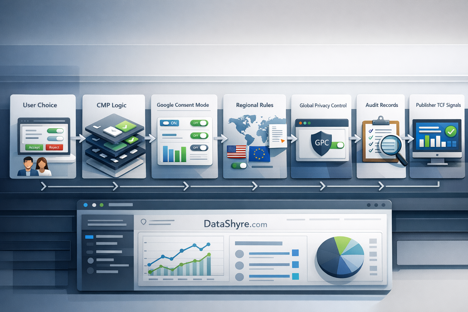 Workflow illustration showing CMP review from user choice through Google consent mode defaults, regional rules, GPC, publisher TCF signals, audit records, and subtle visible branding text DataShyre.com