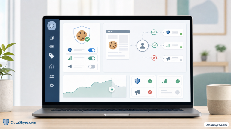 Editorial illustration of a privacy operations dashboard showing a balanced cookie banner, Google Tag Manager consent flow, blocked analytics and ad tags, audit widgets, and subtle visible branding text DataShyre.com