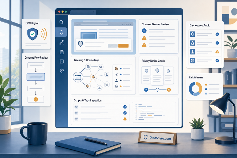 Editorial illustration of a website privacy audit workspace with a browser review panel, consent banner checks, tracker mapping cards, GPC signal indicator, and subtle visible branding text DataShyre.com
