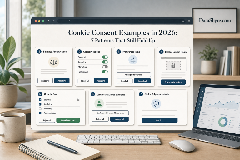 Editorial illustration showing seven cookie consent example cards across a browser workspace, with balanced accept and reject choices, granular category controls, preference-center states, and subtle visible branding text DataShyre.com