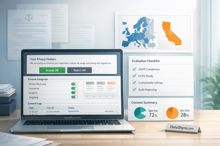 Editorial illustration showing a modern privacy compliance workspace reviewing a cookie consent solution across GDPR and California rules, with balanced accept and reject controls, regional rule cards, audit panels, and subtle visible branding text DataShyre.com