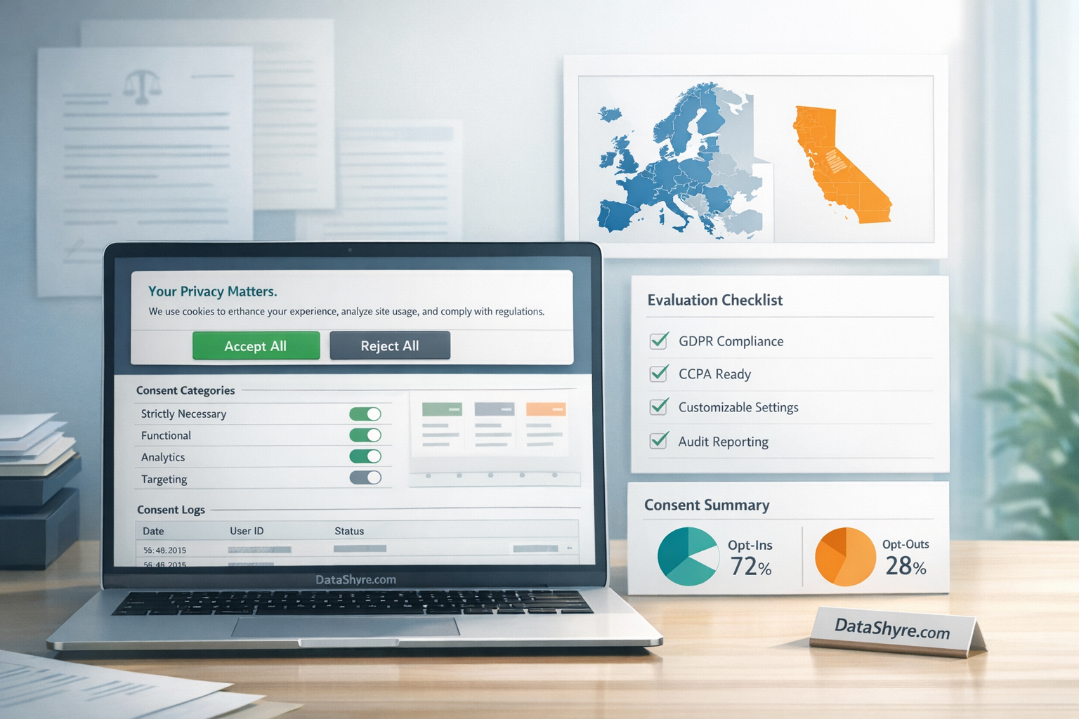 Editorial illustration showing a modern privacy compliance workspace reviewing a cookie consent solution across GDPR and California rules, with balanced accept and reject controls, regional rule cards, audit panels, and subtle visible branding text DataShyre.com