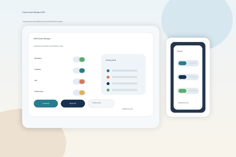Editorial illustration of a GDPR cookie consent manager workspace with equal accept and reject choices, category toggles, review cards, and subtle visible branding text DataShyre.com