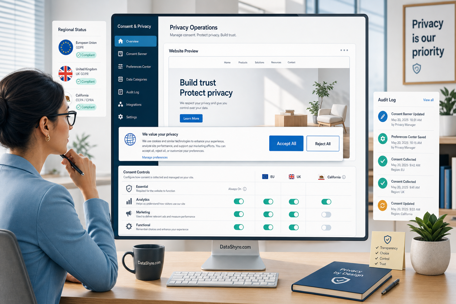 Editorial illustration of a website privacy workspace showing an equal-choice consent banner, category toggles, region-aware rules, audit records, and subtle visible branding text DataShyre.com