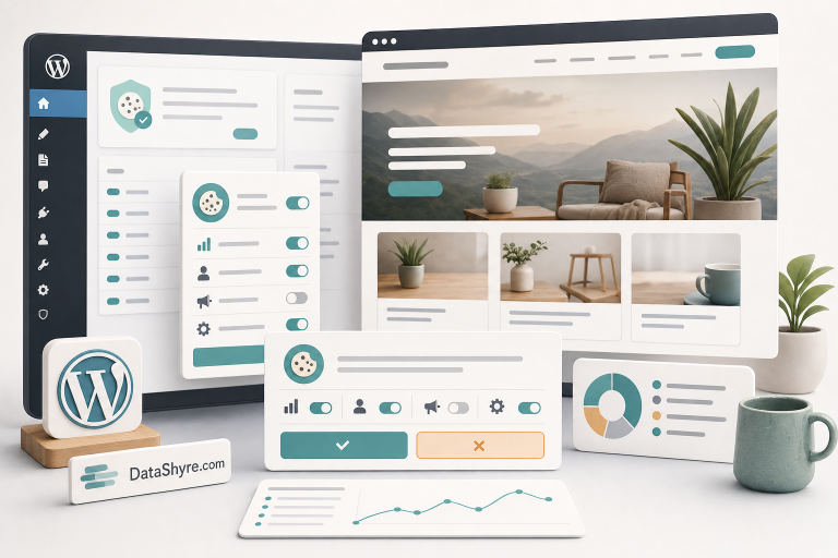 Editorial illustration of a WordPress-style privacy operations workspace with balanced consent choices, plugin controls, audit records, and subtle visible branding text DataShyre.com