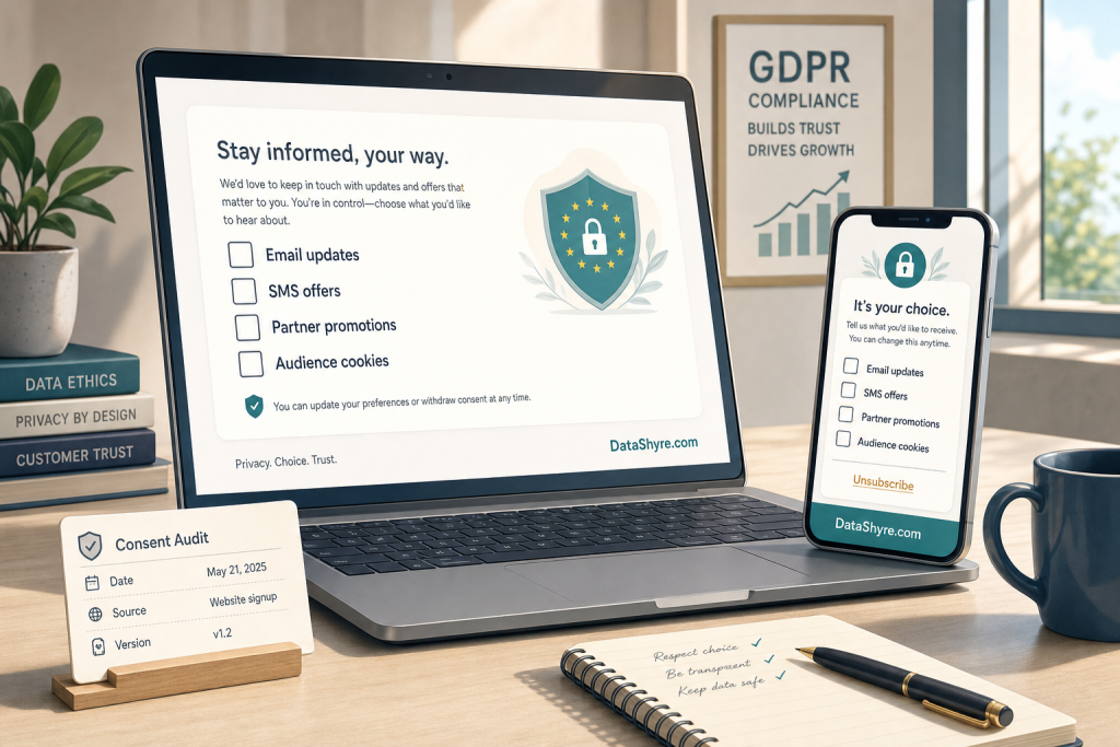 Editorial illustration of a privacy-forward marketing signup flow on laptop and mobile with separate unticked choices for email, SMS, partner offers, and analytics, plus subtle visible branding text DataShyre.com