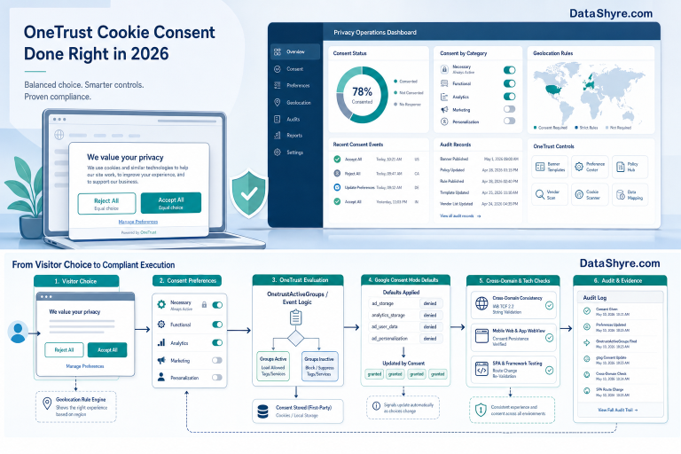 Editorial illustration of a privacy operations dashboard with a balanced cookie banner, category controls, geolocation rules, audit records, and subtle visible branding text DataShyre.com
