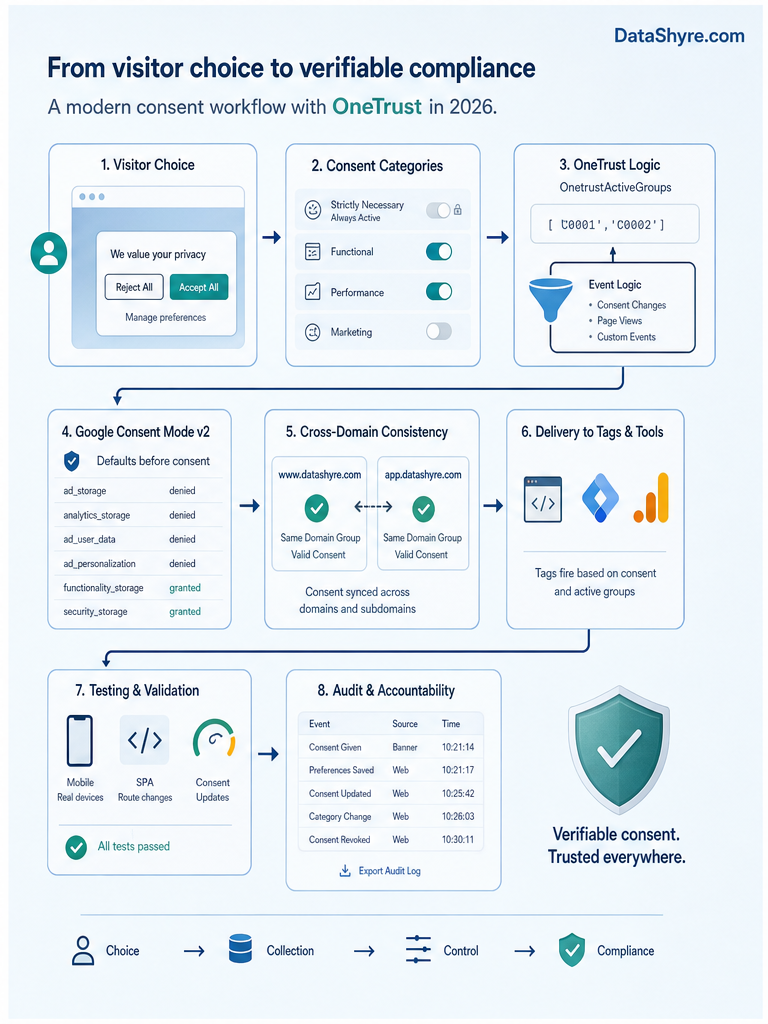 Workflow illustration showing visitor choice flowing into OneTrust consent categories, OnetrustActiveGroups event logic, Google consent mode defaults, cross-domain checks, mobile and SPA testing, and an audit log with subtle visible branding text DataShyre.com