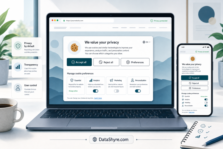 Editorial illustration of a modern website privacy workspace with a balanced cookie banner, accept and reject controls, category toggles, browser privacy indicators, and subtle visible branding text DataShyre.com