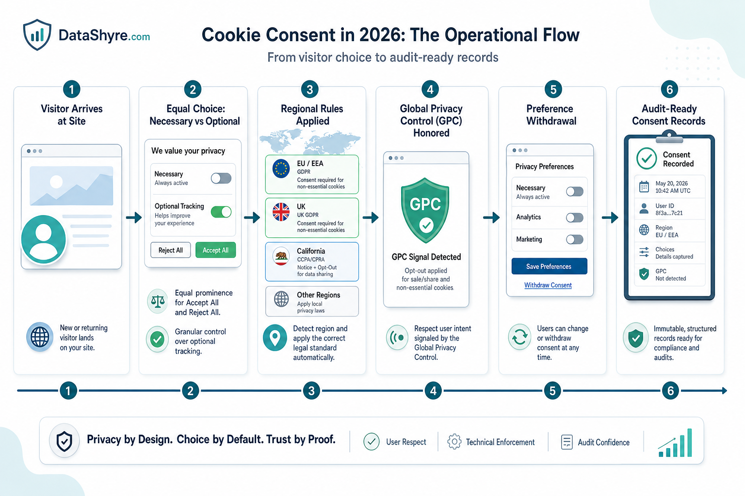 Workflow illustration showing visitor choice moving through necessary versus optional tracking, regional rules, GPC handling, preference withdrawal, and audit-ready consent records with subtle visible branding text DataShyre.com