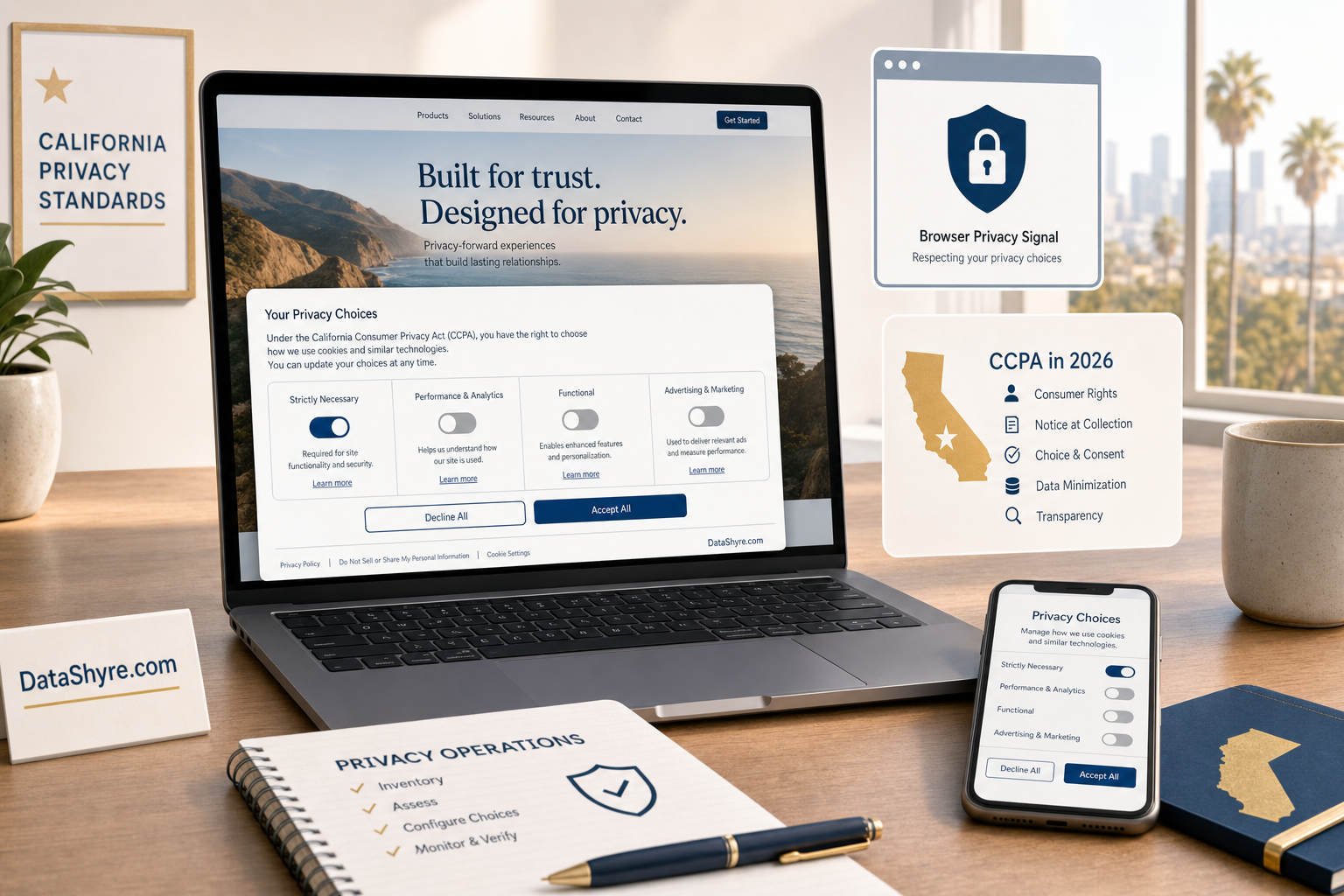 Editorial illustration of a California website privacy review with a laptop, browser privacy controls, clear opt-out choices, and subtle visible branding text DataShyre.com