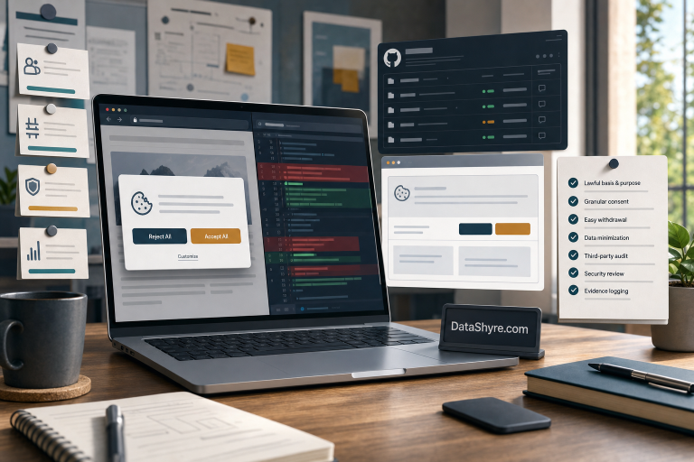 Editorial illustration of a privacy engineering workspace comparing GitHub-hosted consent-manager repositories, balanced accept and reject controls, code review panels, and subtle visible branding text DataShyre.com