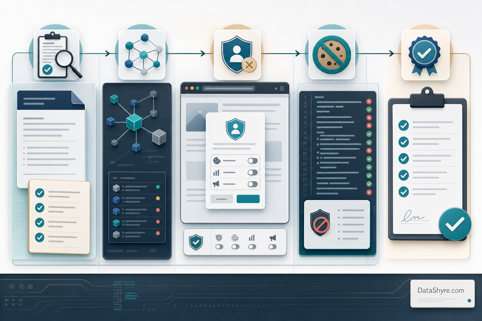 Workflow illustration showing a GitHub repo review moving through license check, dependency review, reject-all testing, tag blocking, and release approval with subtle visible branding text DataShyre.com