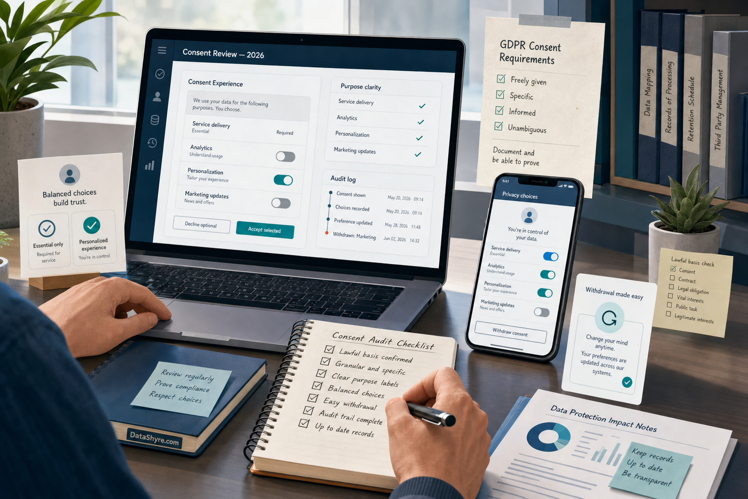Editorial illustration of a privacy-forward consent review workspace with a laptop, mobile screen, balanced opt-in choices, audit records, and subtle visible branding text DataShyre.com