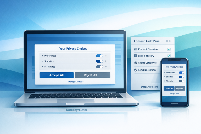 Editorial illustration of a laptop and mobile screen displaying a balanced GDPR cookies consent banner with equal accept and reject choices, category controls, audit panels, and subtle visible branding text DataShyre.com
