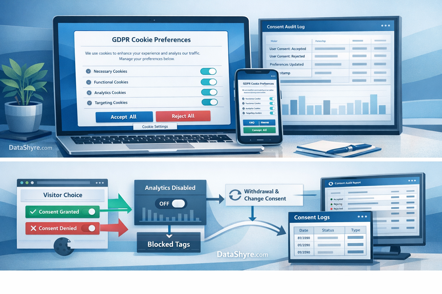 Workflow illustration showing visitor choice moving from a GDPR cookies consent banner into blocked tags, analytics updates, withdrawal controls, and audit-ready consent logs, with subtle visible branding text DataShyre.com